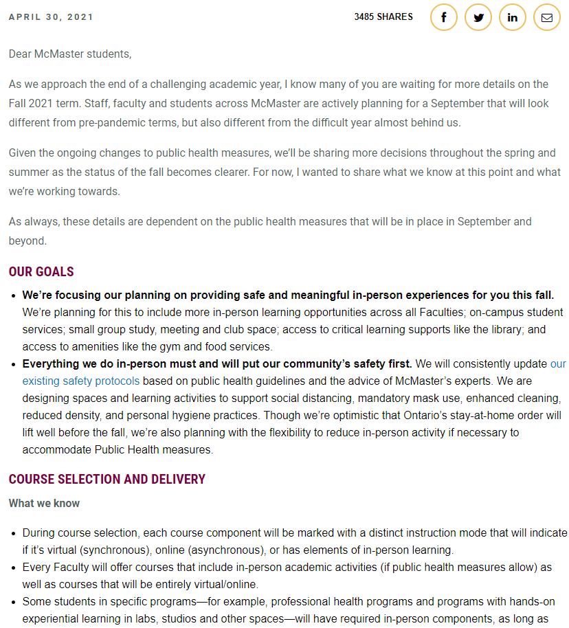 秋季即将开学，加拿大各大学计划逐步线下授课！