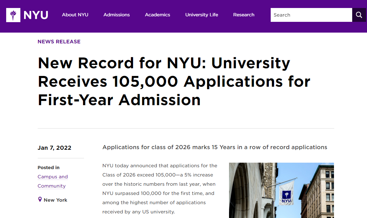 纽约大学官宣2026届申请数据！申请人数破10万+！