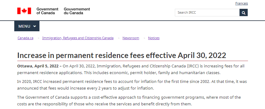 加拿大移民部宣布从4月30日起调高PR申请费用！