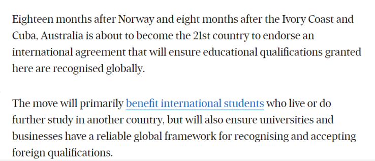 澳洲将加入世界高等教育领域的第一个全球公约