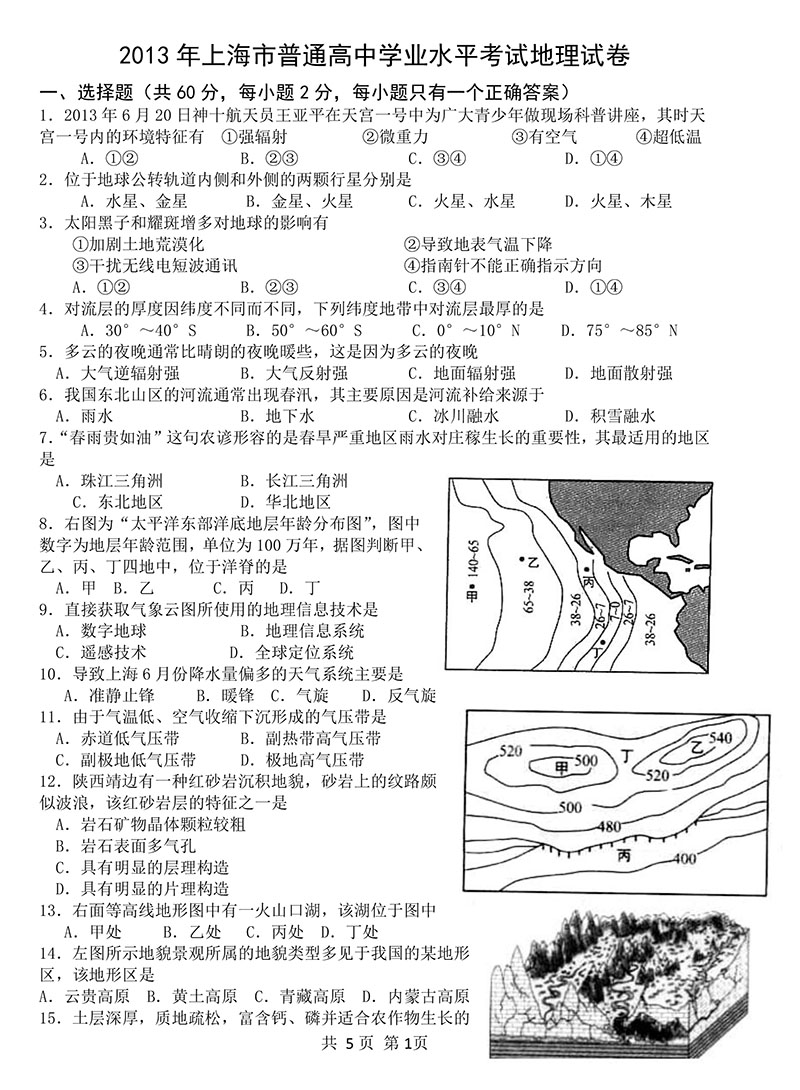 2013年上海市普通高中学业水平考试地理试卷