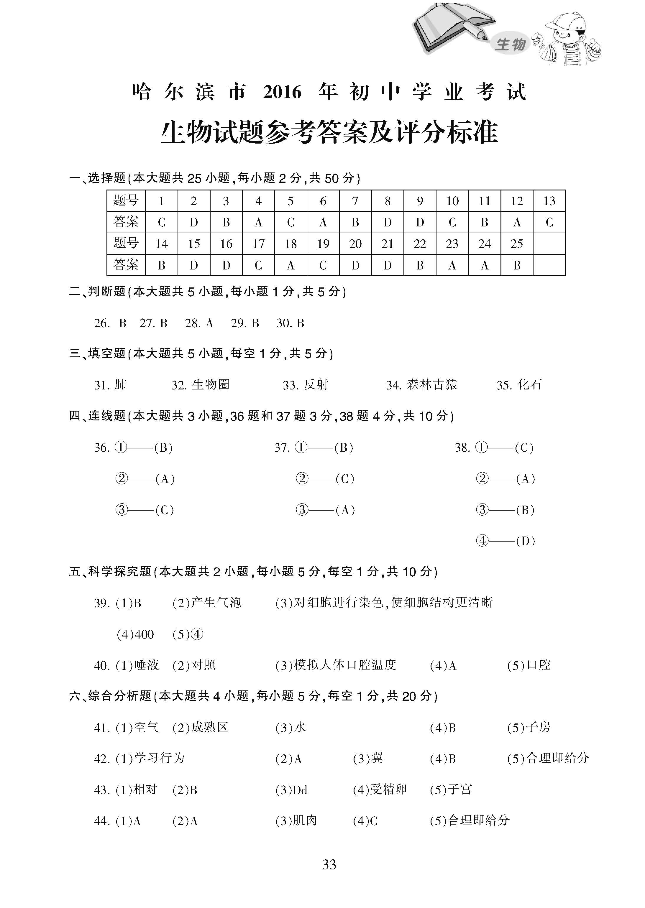 2019黑龍江哈爾濱中考生物考試說明:模擬試題及答案-雙師東方