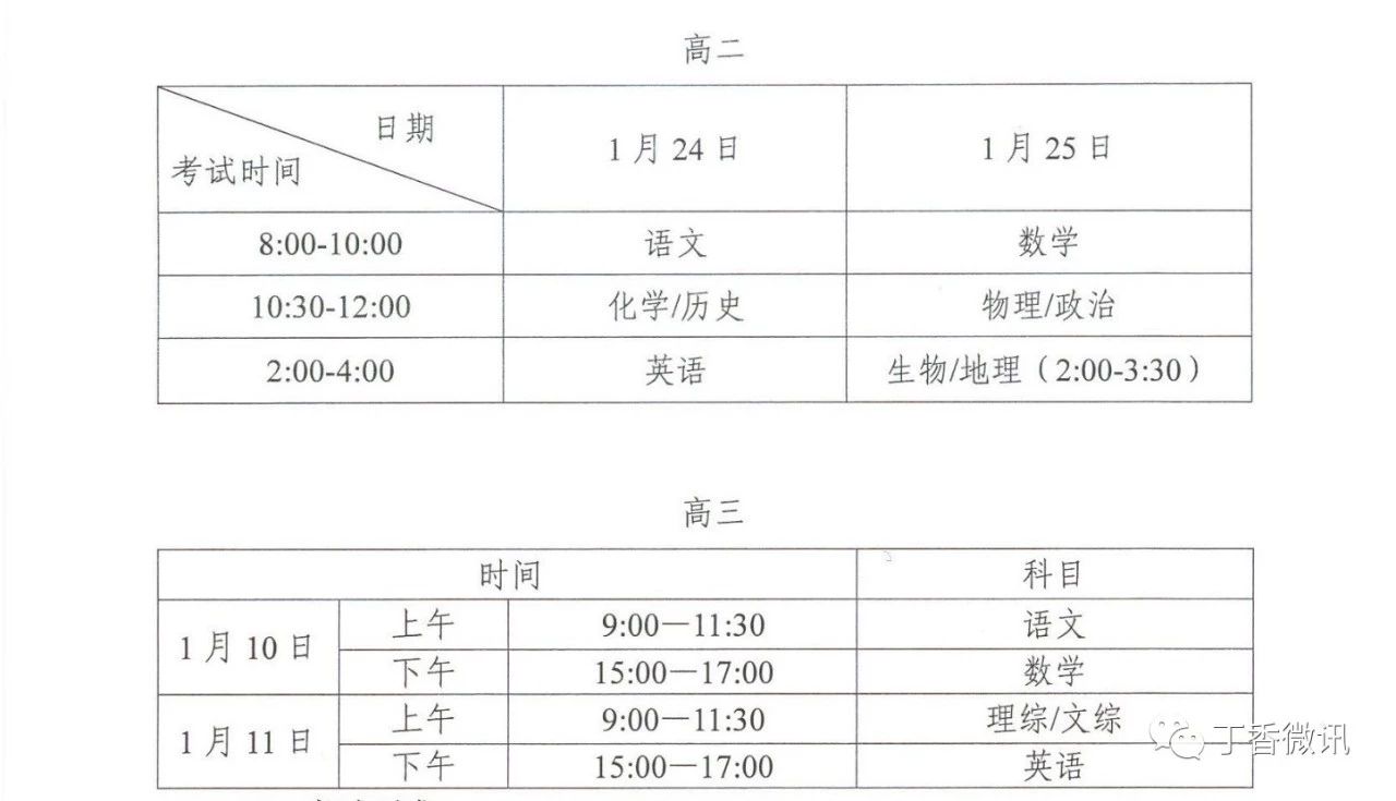 2018-2019学年保定市高一高二高三期末调研考试时间安排