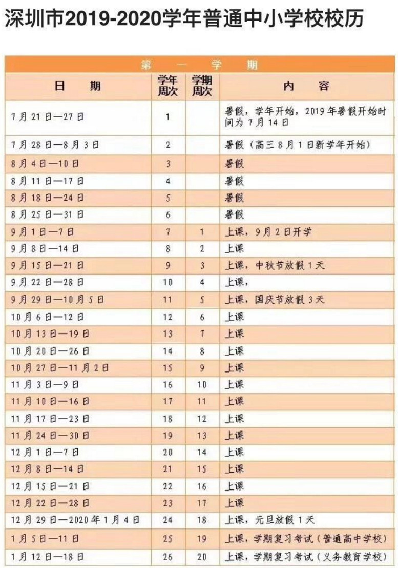2019广东省深圳市中小学校历时间表公布