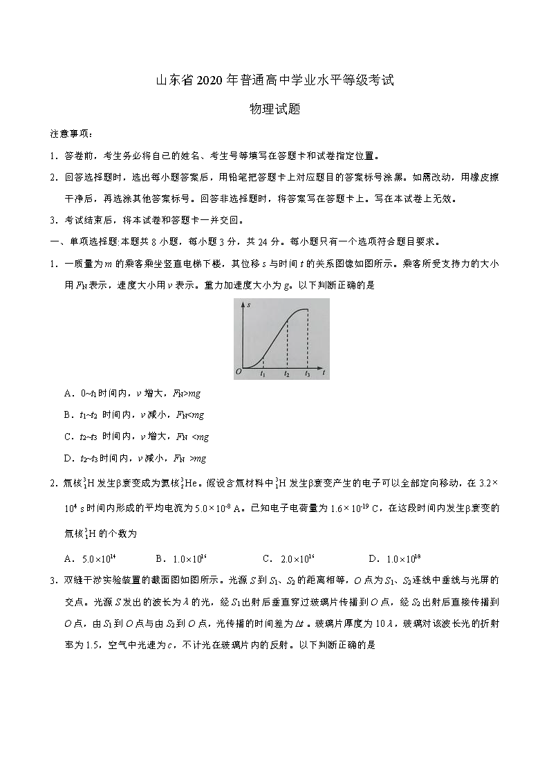 山东省2020年学业水平考试物理试题