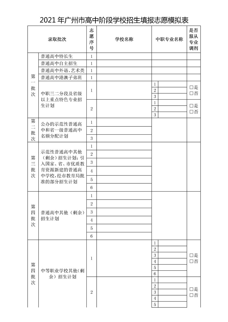 2021廣州市高中階段學校中考填報志願模擬表