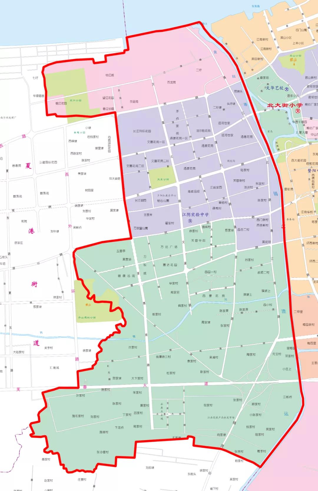 2021江陰市城區初中招生學區劃分片區內附區域圖